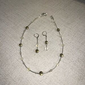 Handmade Beaded Smoky Quartz Silver Necklace & Latchback Earrings Set